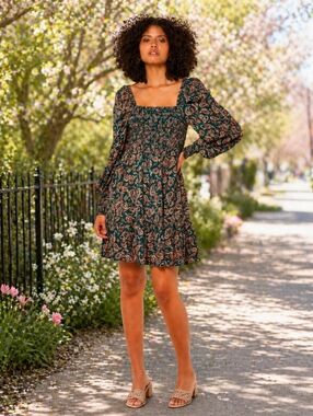 NWT APRICOT Teal Rust Paisley Smocked Square Neck Mini Dress Milkmaid Puff